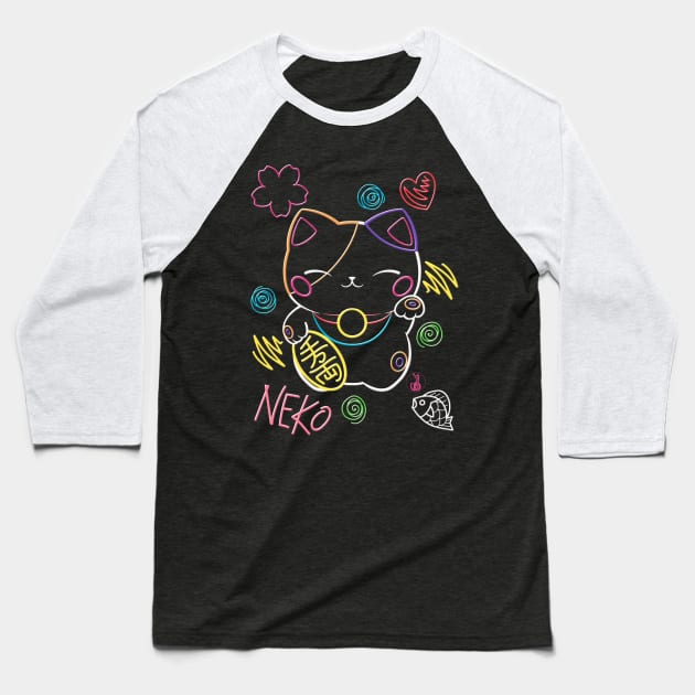 Neon Neko (3) - Cute neon light Japanese beckoning cats to bring you good luck Baseball T-Shirt by SamInJapan